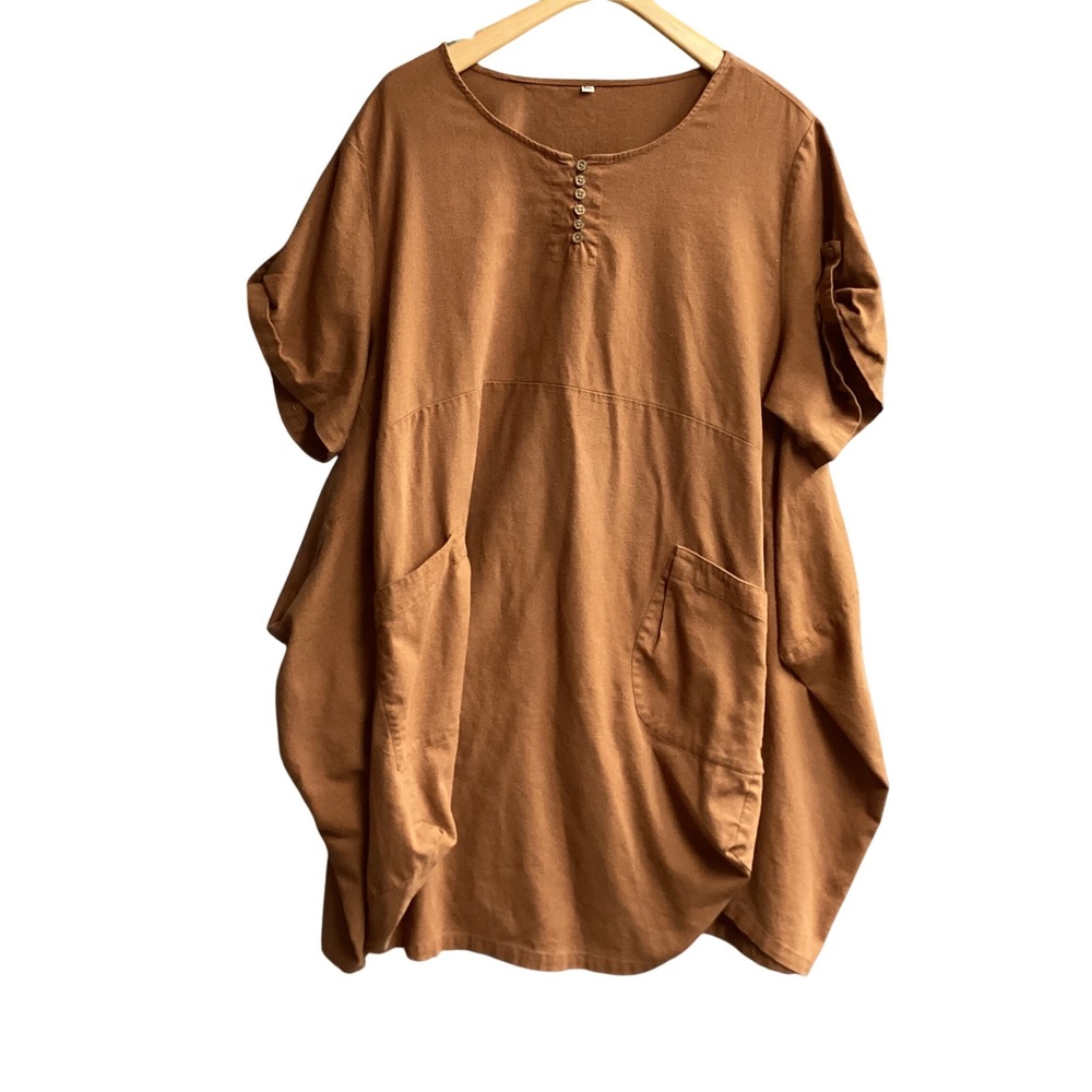 Oversized Caftan Dress Pockets Linen Blend Brown 3XL Lagenlook Artsy Minimal